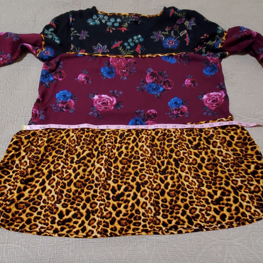 Calessa Mixed Floral and Leopard Print Peplum Top - Multicolor - Picture 9 of 12